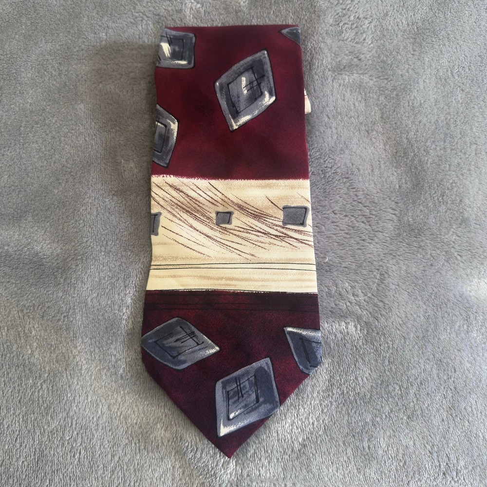 Gianfranco Ruffini 100% Silk Tie Burgundy Geometric Made in Italy USA Art Deco